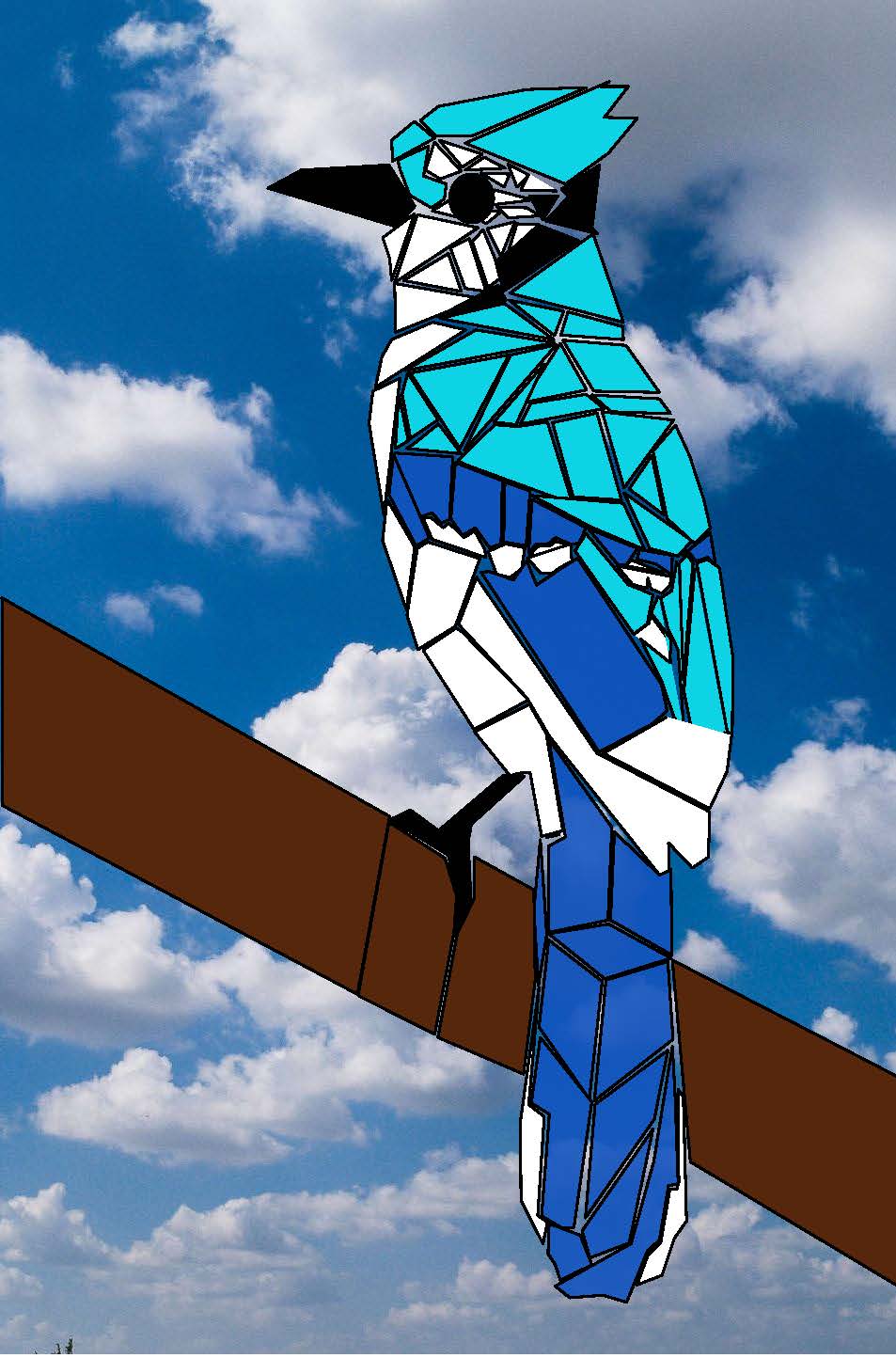 Drawing of a mosaic bird in front of a photo of clouds