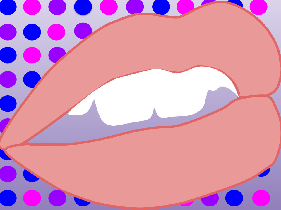 A digital illustration of a mouth with pink lips and white teeth