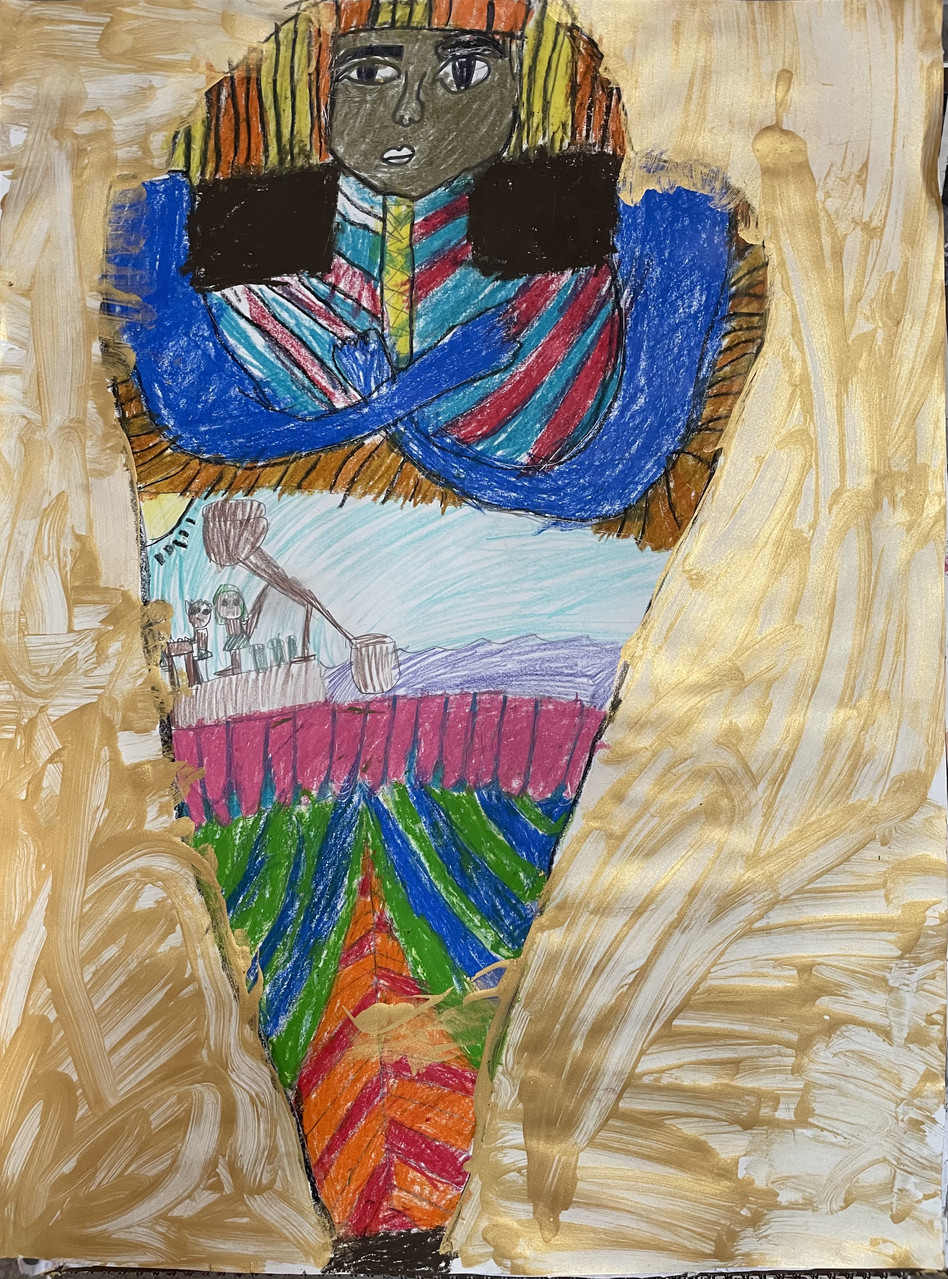 A painting of a mummy with a gold background