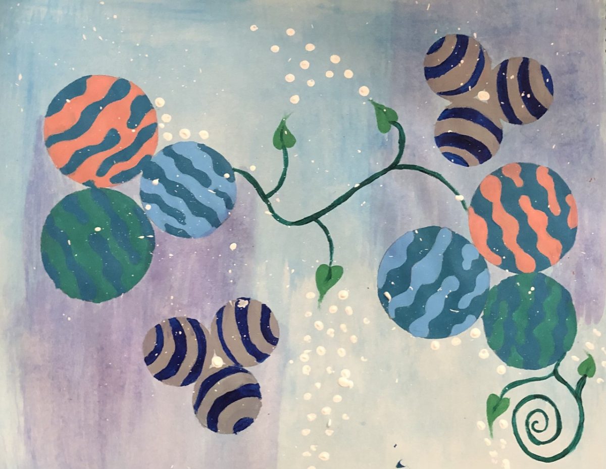 Circles with a variety of patterns painted on a green vine.