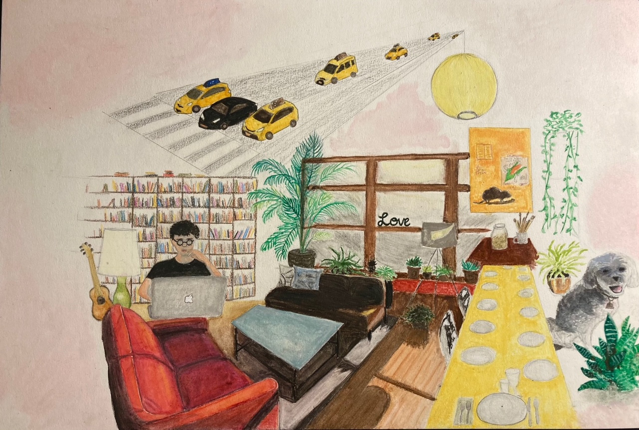 Drawing of a boy sitting in his room with lots of things floating around him