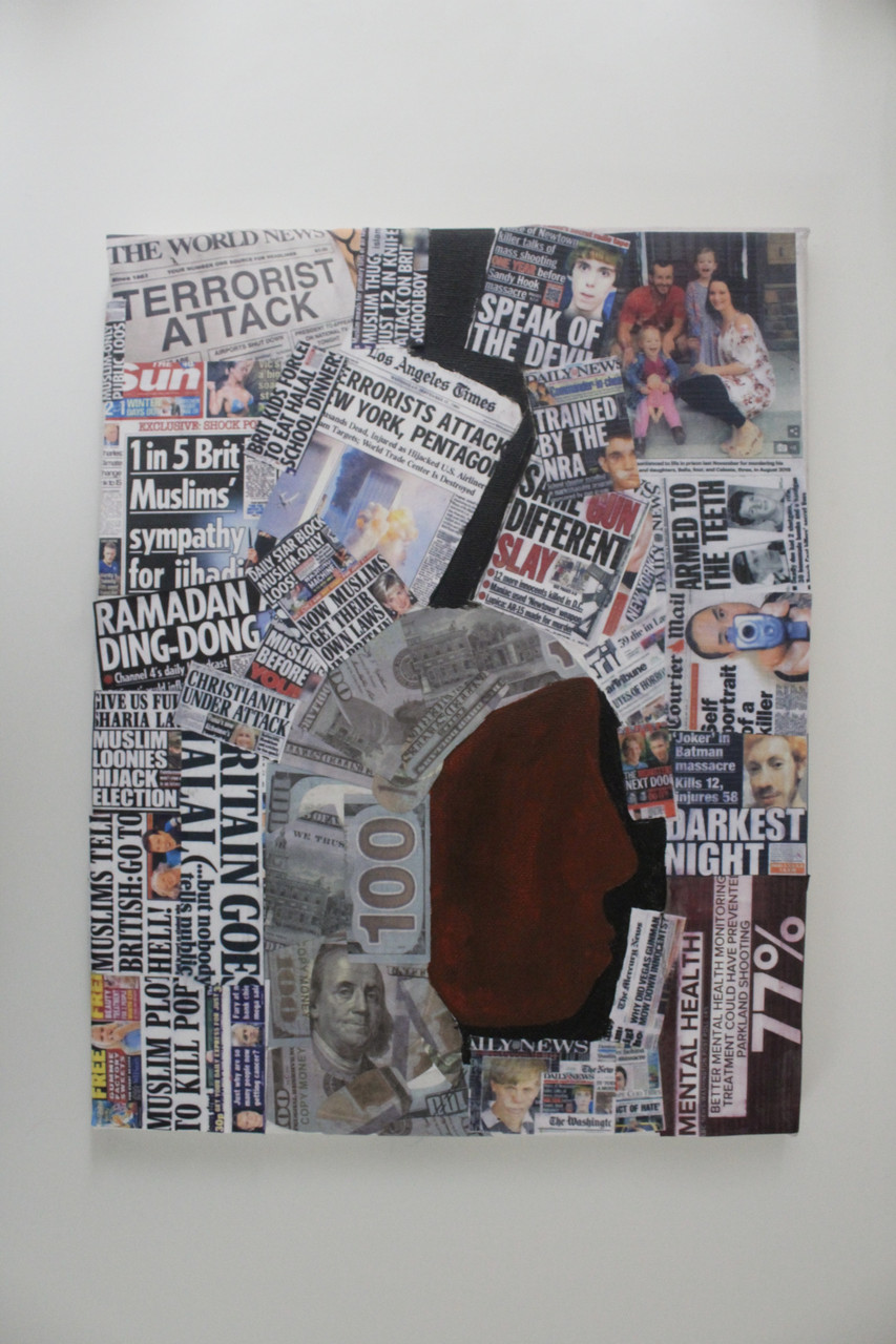 Collage of newspapers with person painted on top