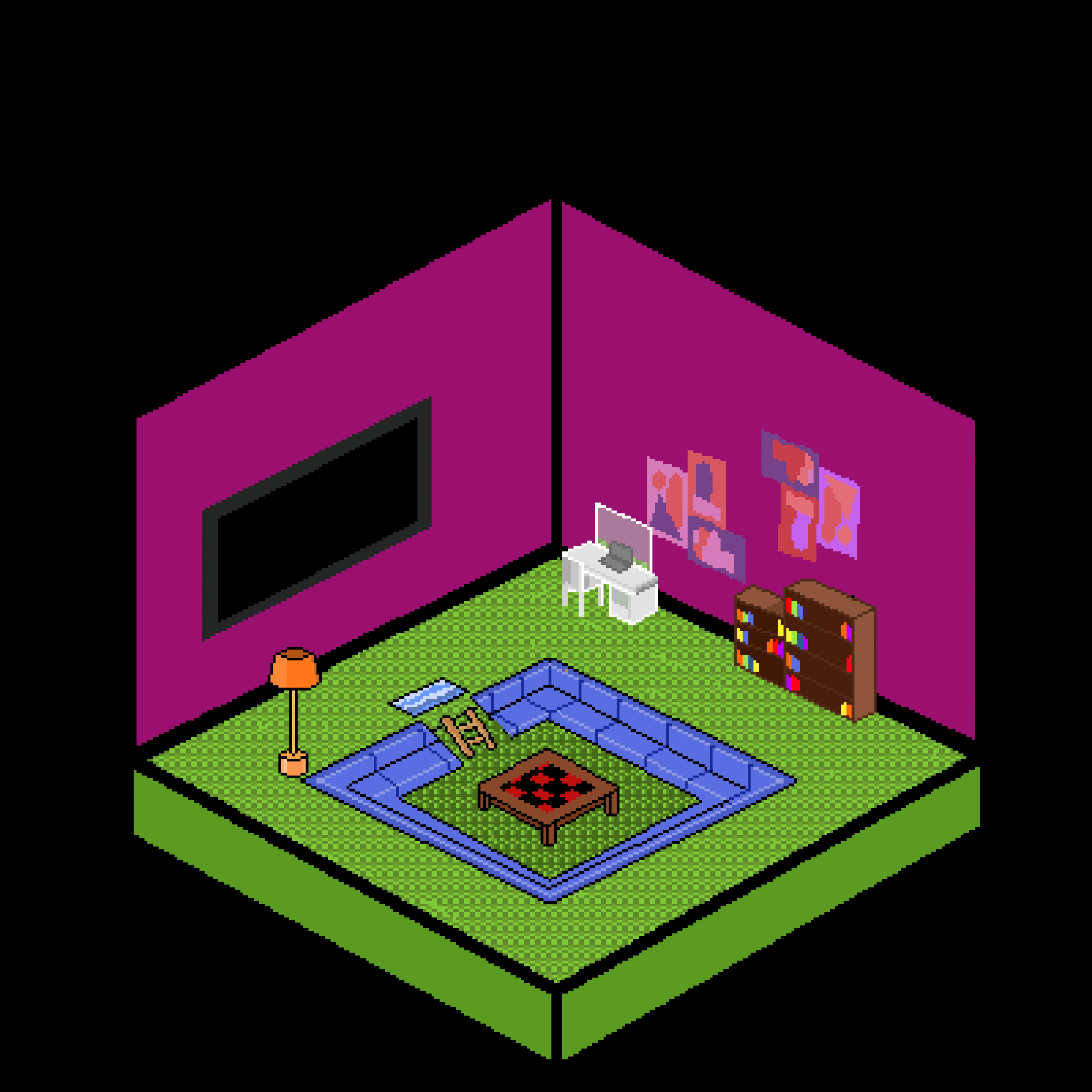 room with purple walls, green floor, and a checkerboard