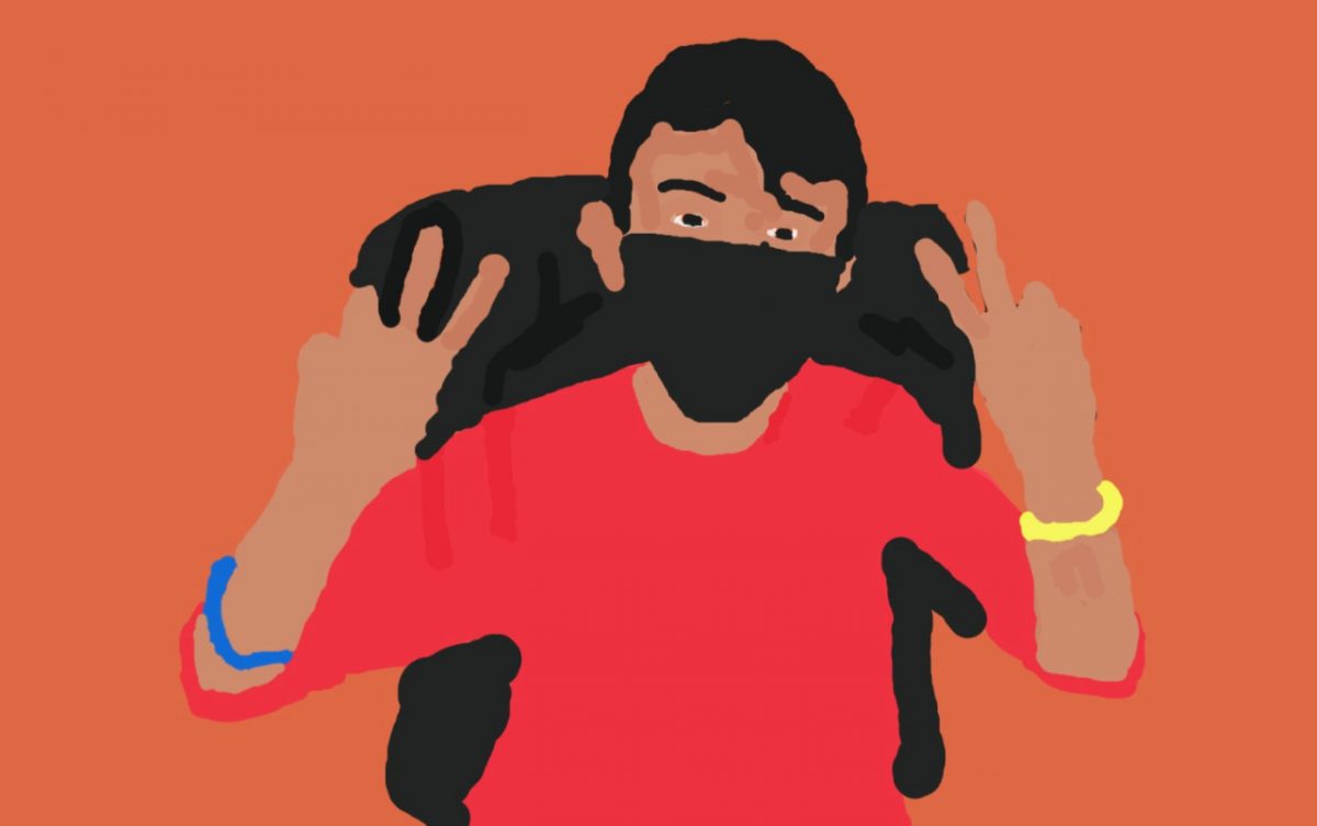 Drawing of a boy in a red shirt giving a double peace sign