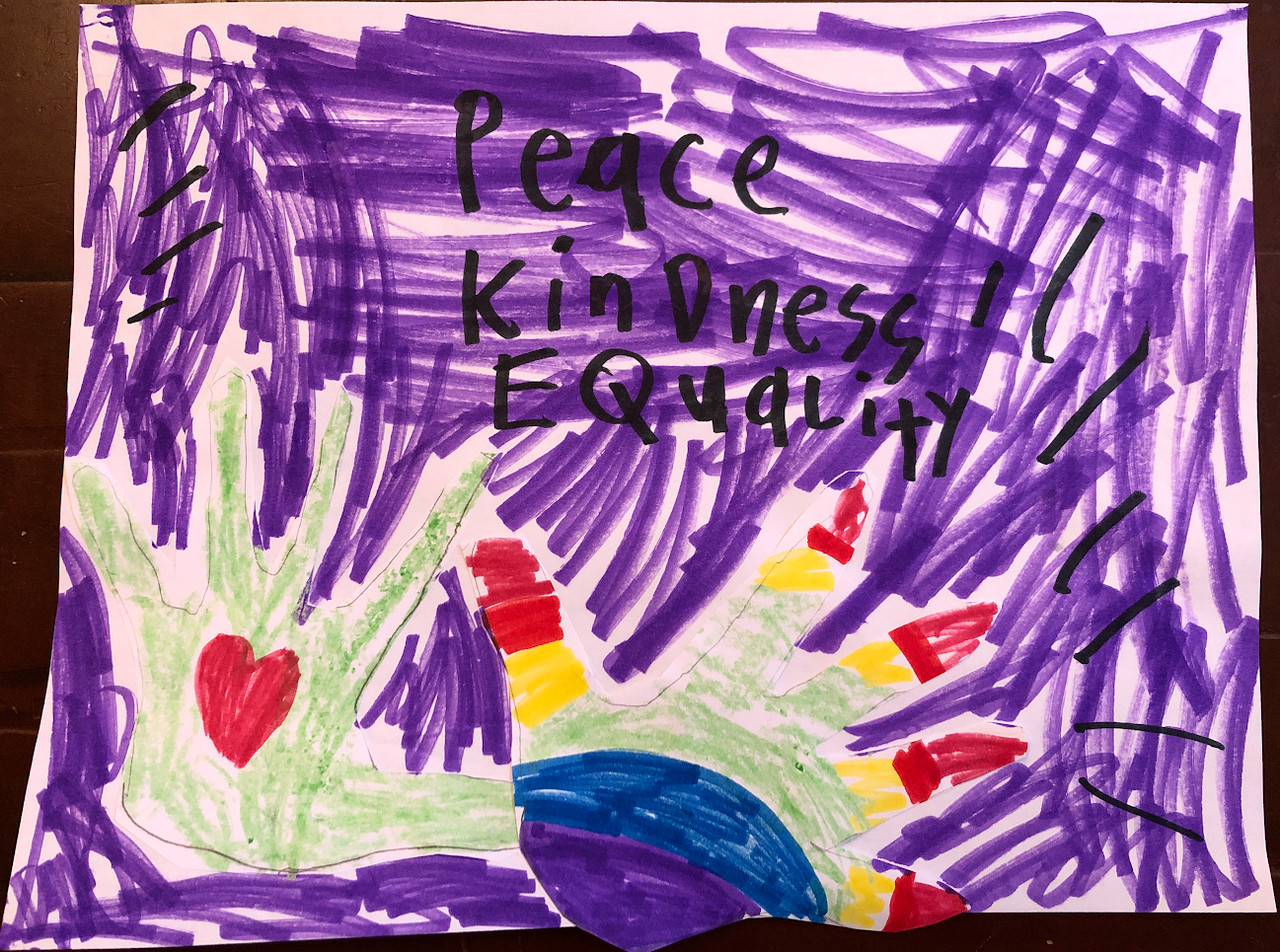 drawing of two hands with rainbows on them, background colored purple and "Peace, Kindness, Equality" written in black.