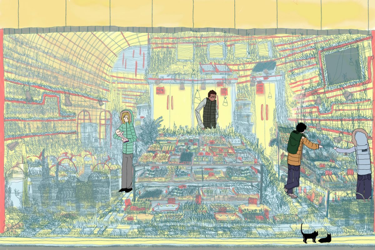 Drawing of shop interior with 3 shoppers and a store cat.