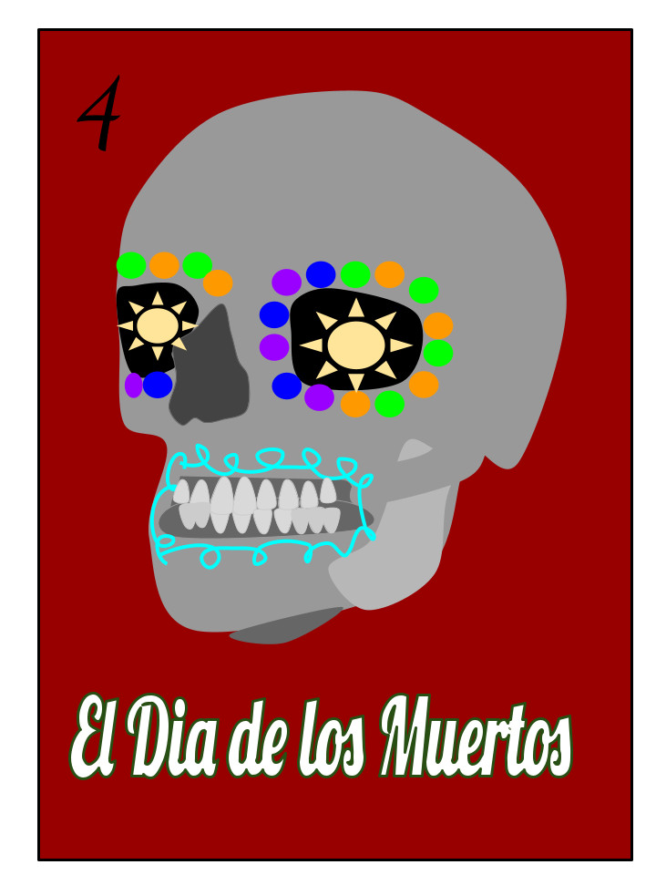 A digital drawing of a Dia de los Muertos skull