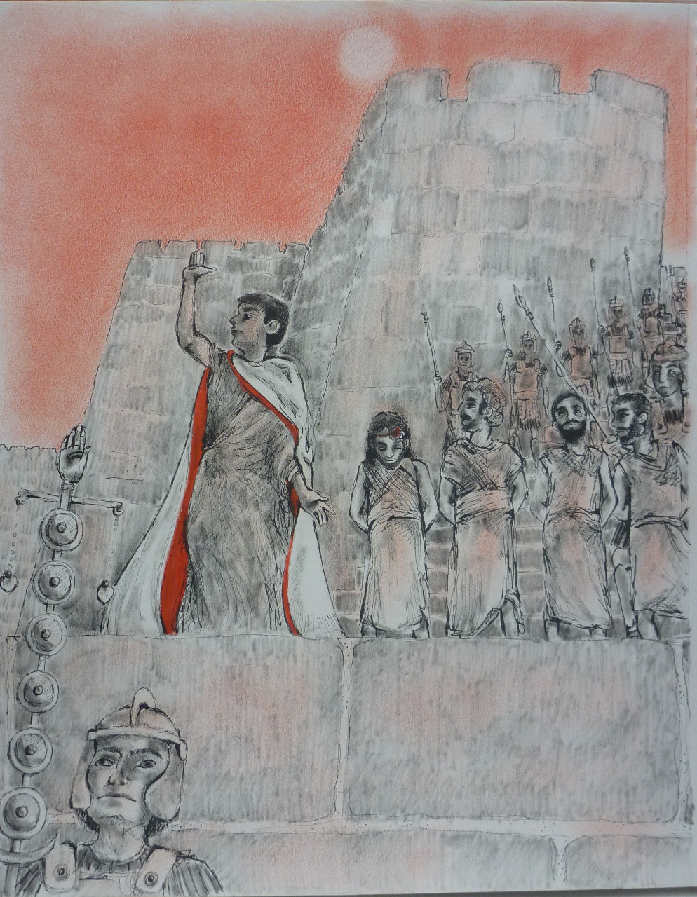 Drawing of roman figures on a mountain side with an orange sky.