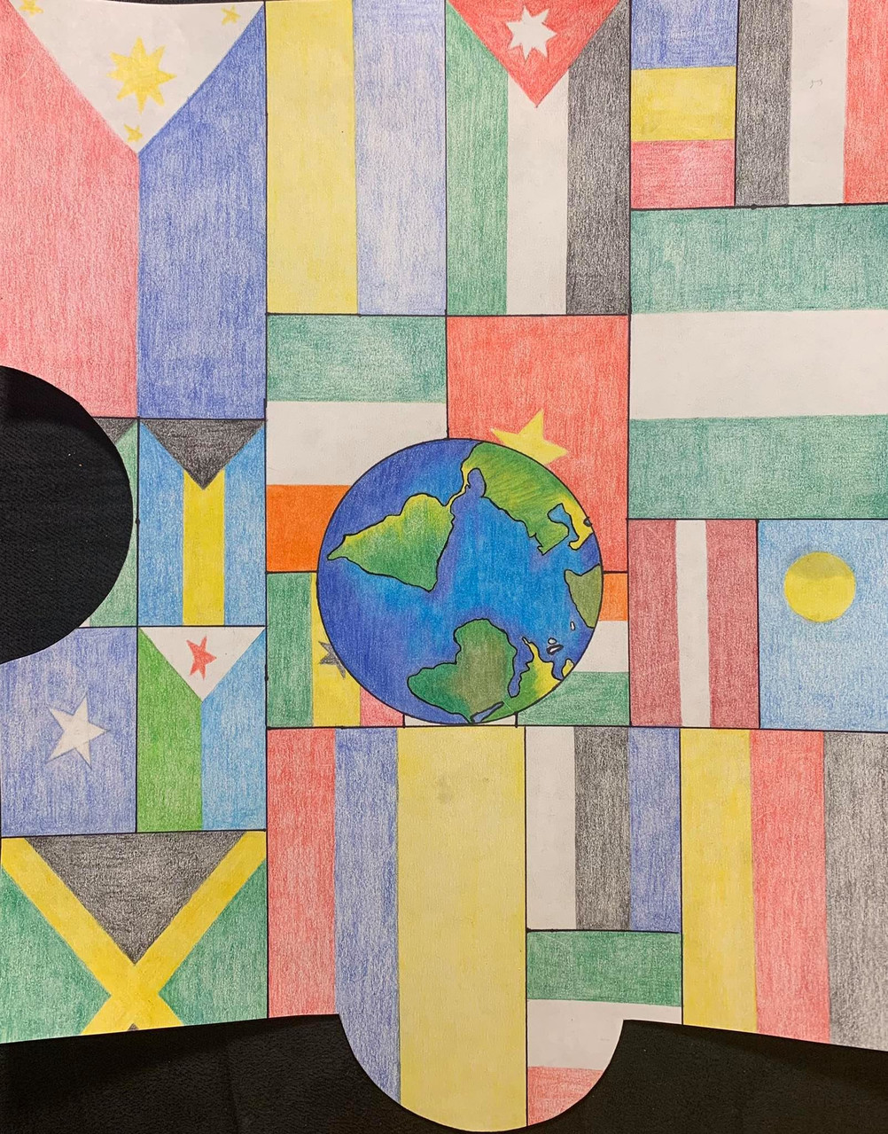 Drawing of flags with the world in the middle