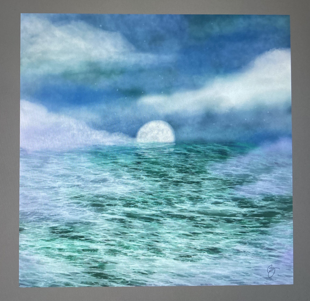 Painting of moon setting over the ocean