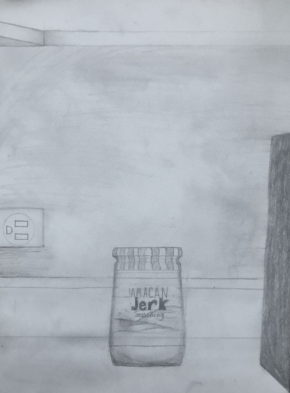 Drawing of a bag of Jamaican Jerk Seasoning against a wall