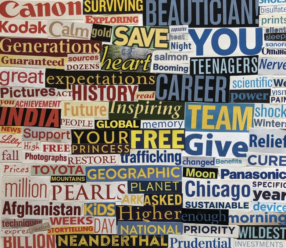 Collage of words cutout from magazines in red, yellow, and blue