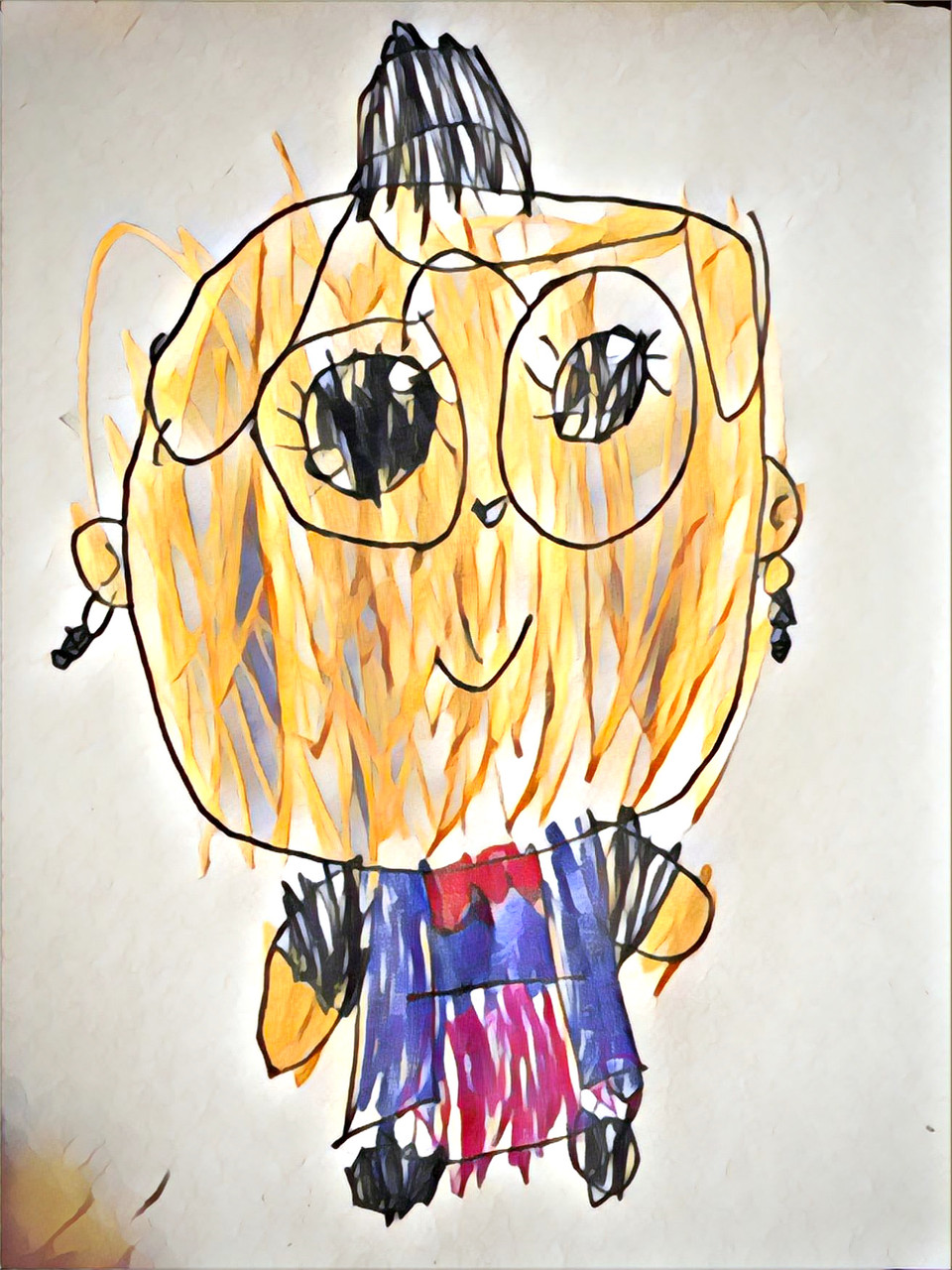 A colorful drawing of a lady with a yellow face and blue dress