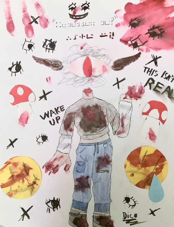 A collage of a person who is missing their head with an eye floating above them and different symbols all around