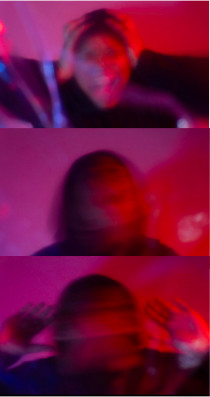 Triptych of faces, red background, blurry