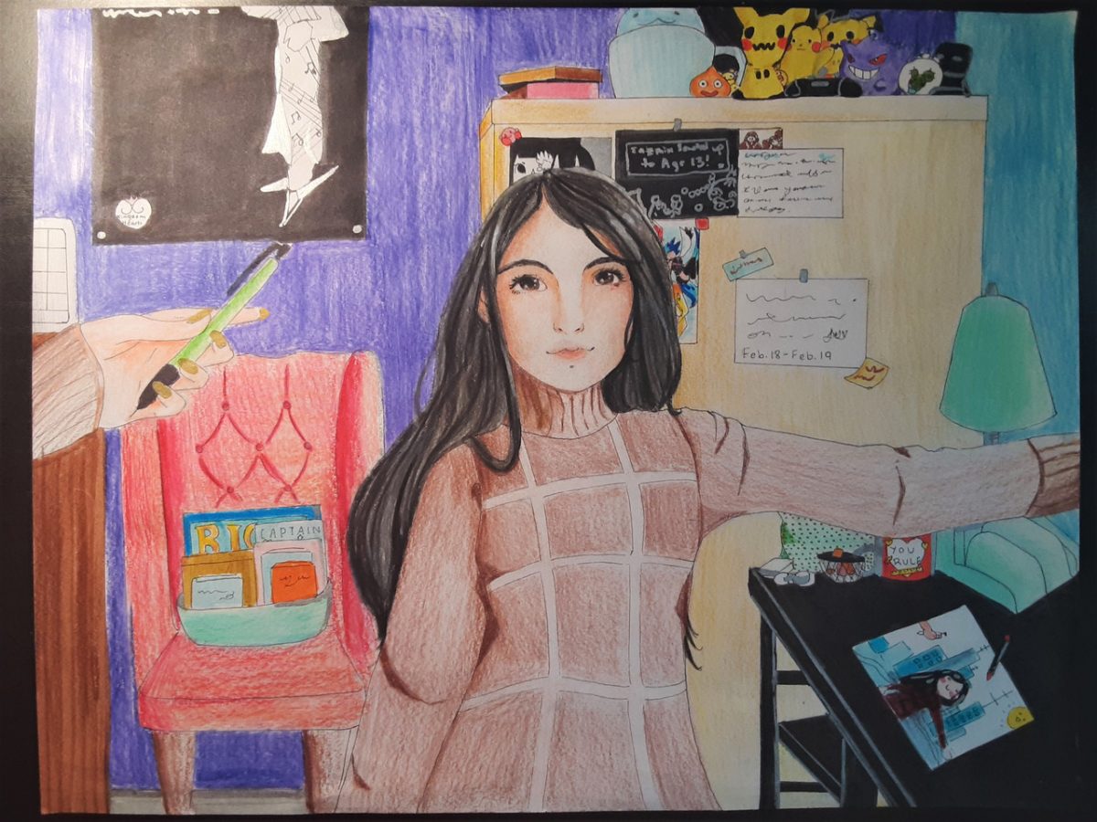 Drawing of a girl in a checkered turtleneck sweater standing in her room