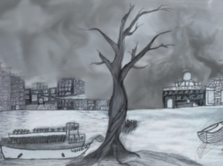 Graphite drawing of a lake with buildings and a dead tree in front