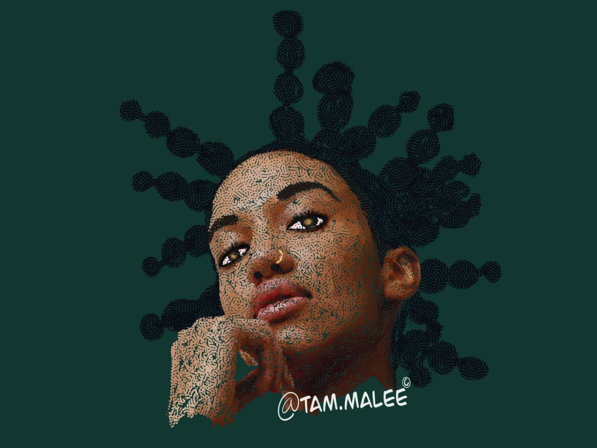 Digital drawing of a face with a green background