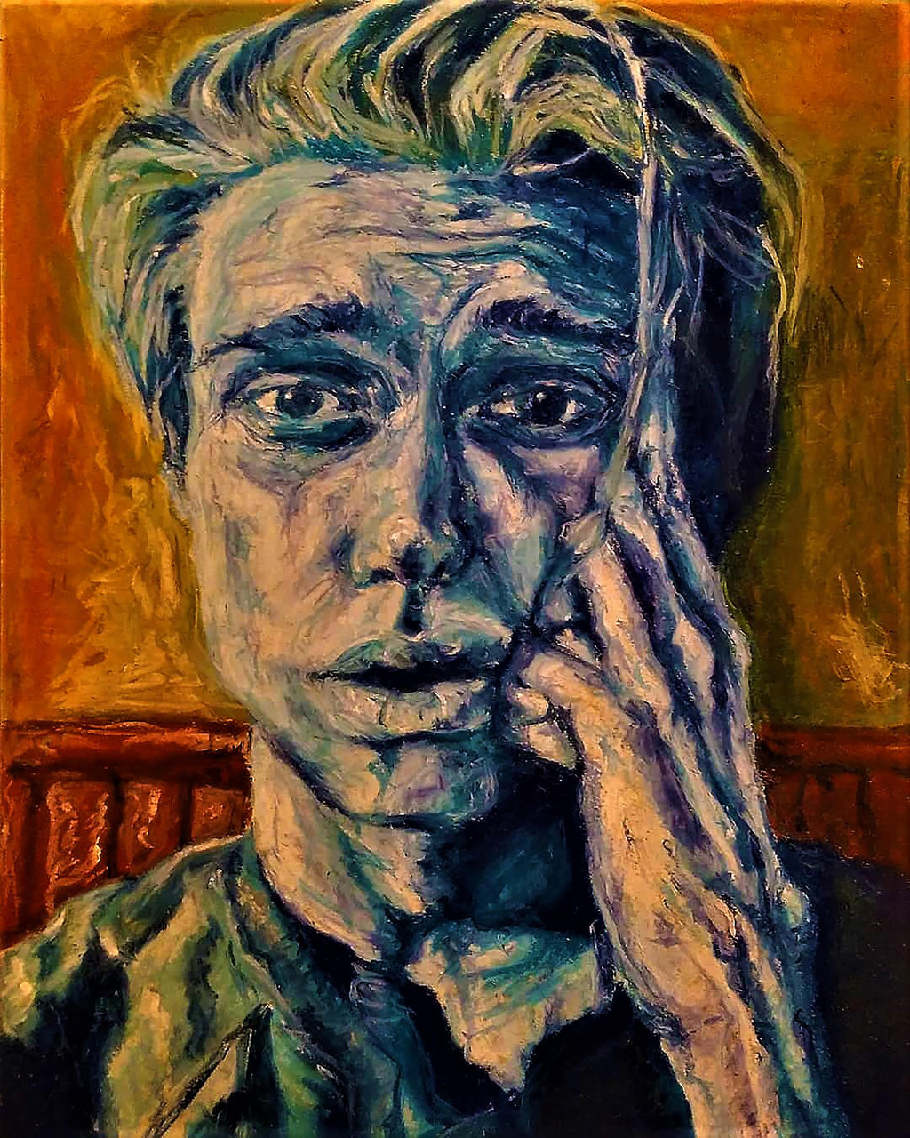 A colorful portrait of a guy with his hand on his face