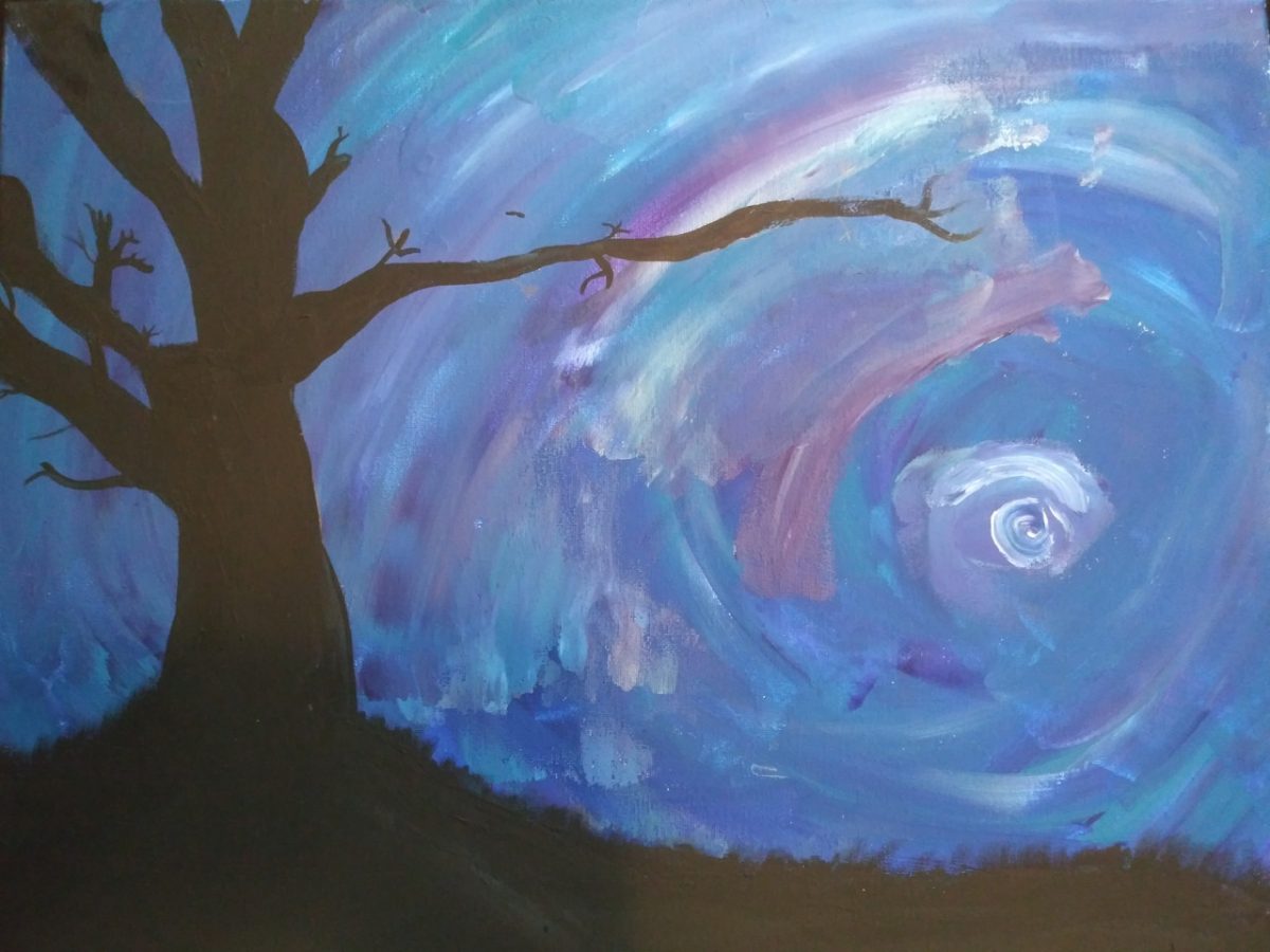 Painting of a the silhouette of a tree against a moonlit sky with purple and blue swirls