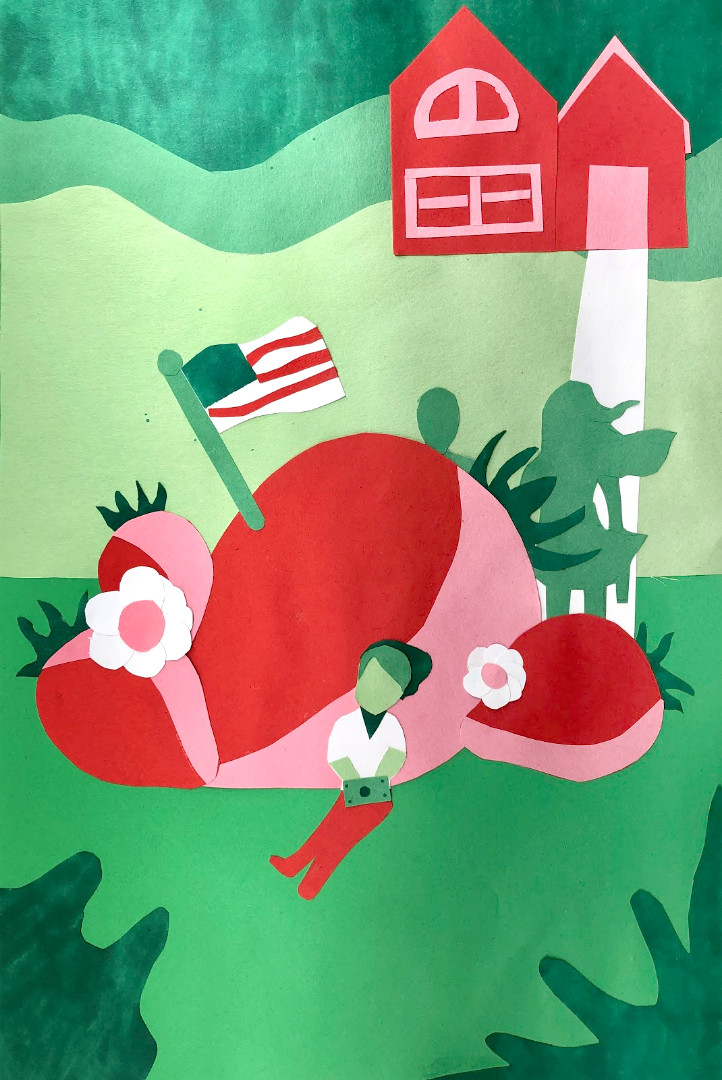 Green person leaning against pink rock with an american flag on it
