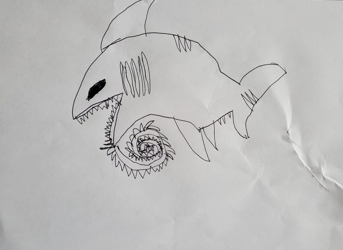 Line drawing of a shark-like creature with a long spiky tongue