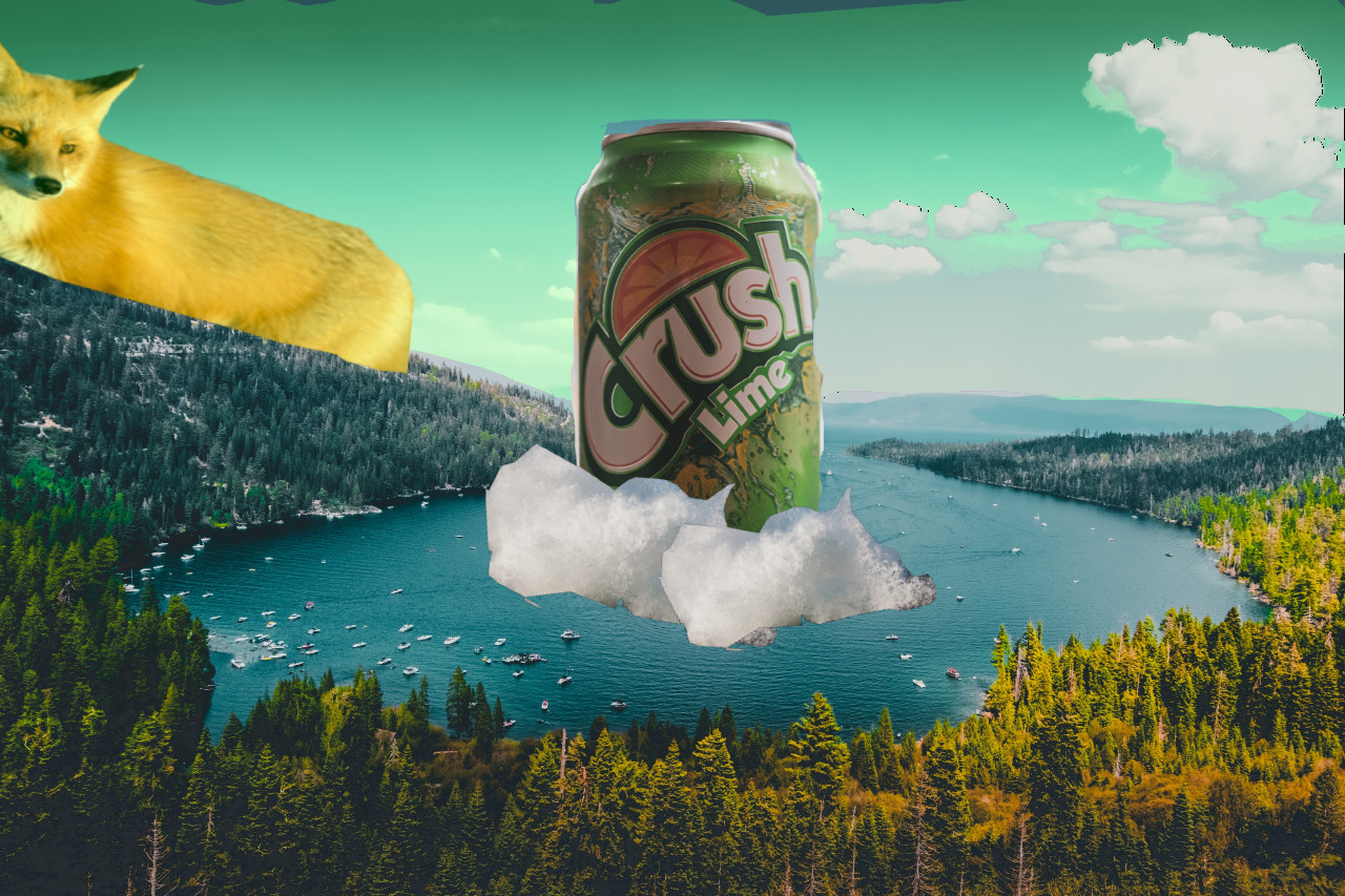 Digital collage of crush can in a mountain lake