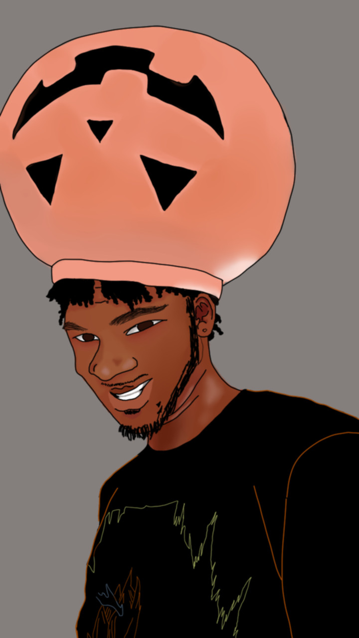 Digital drawing of person with an upside down jack o lantern on their head.