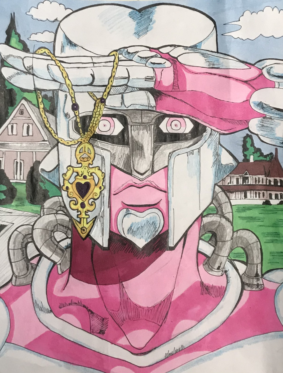 Drawing of person with pink skin wearing a helmet with a gold necklace hanging from it.