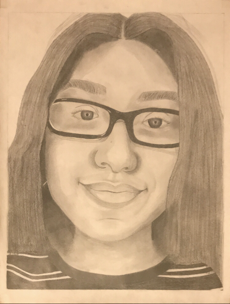 Graphite drawing of a girl with glasses