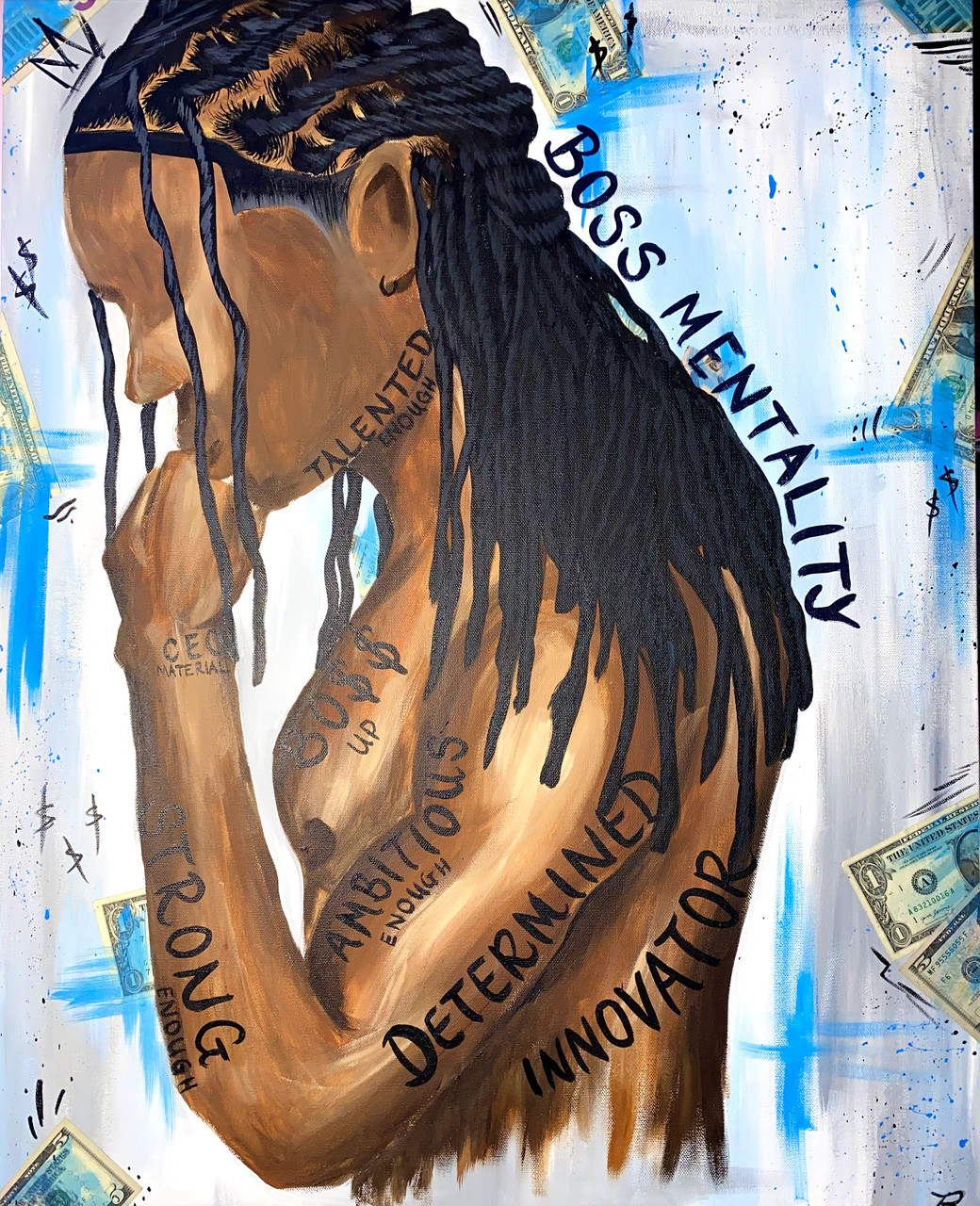 A painting of a black man with words written on his body