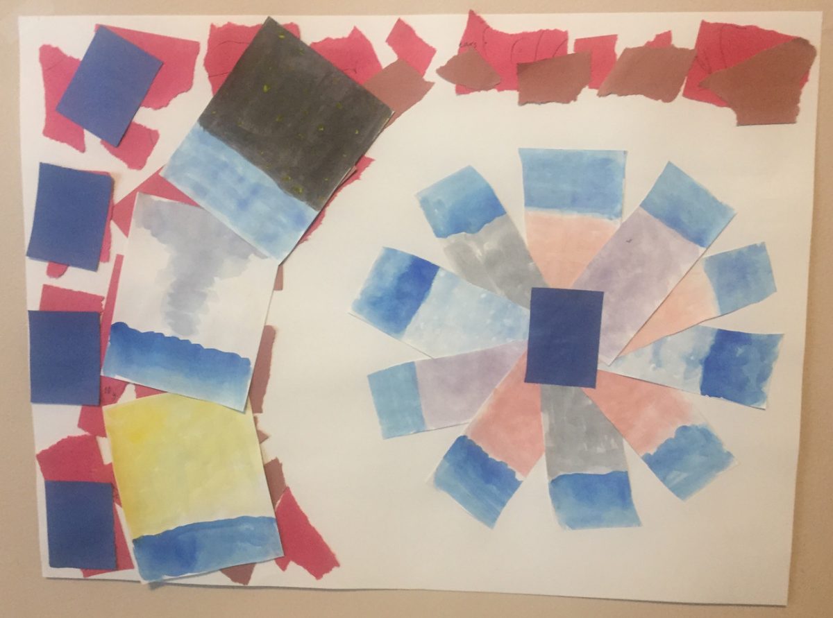 Abstract mixed media - white circle on the side with pinwheel in the middle