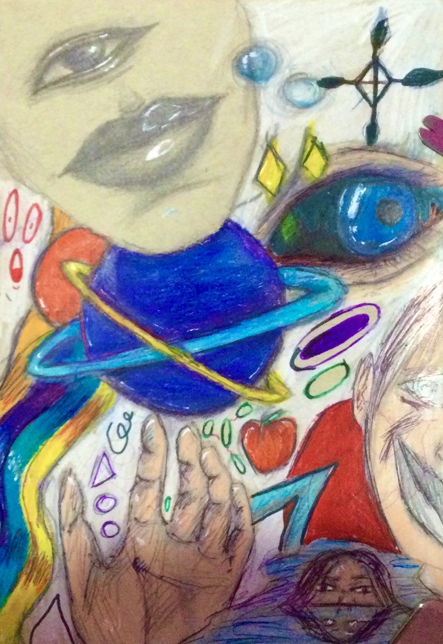 Drawing of planets, faces, and all kinds of colorful things