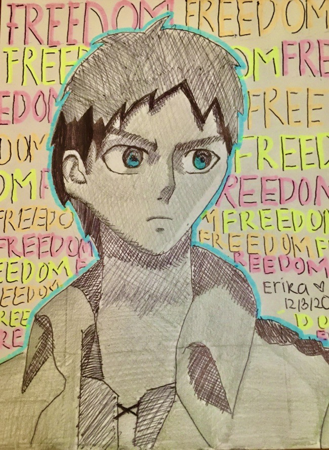 Drawing of an anime boy with "Freedom" written behind him