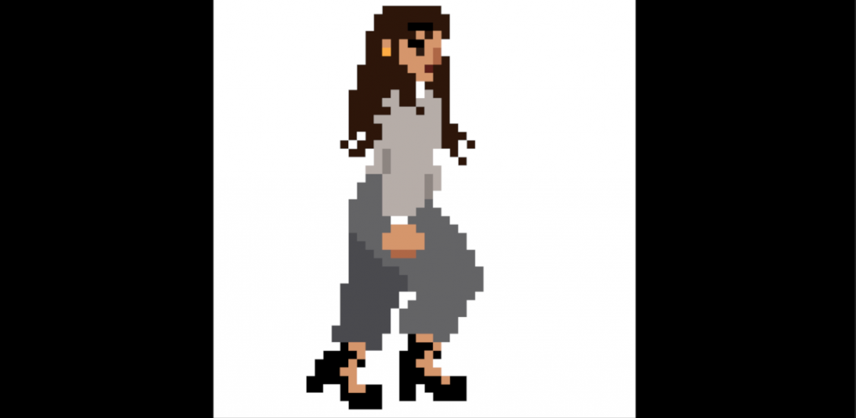 pixellated person with black shoes and gray clothes