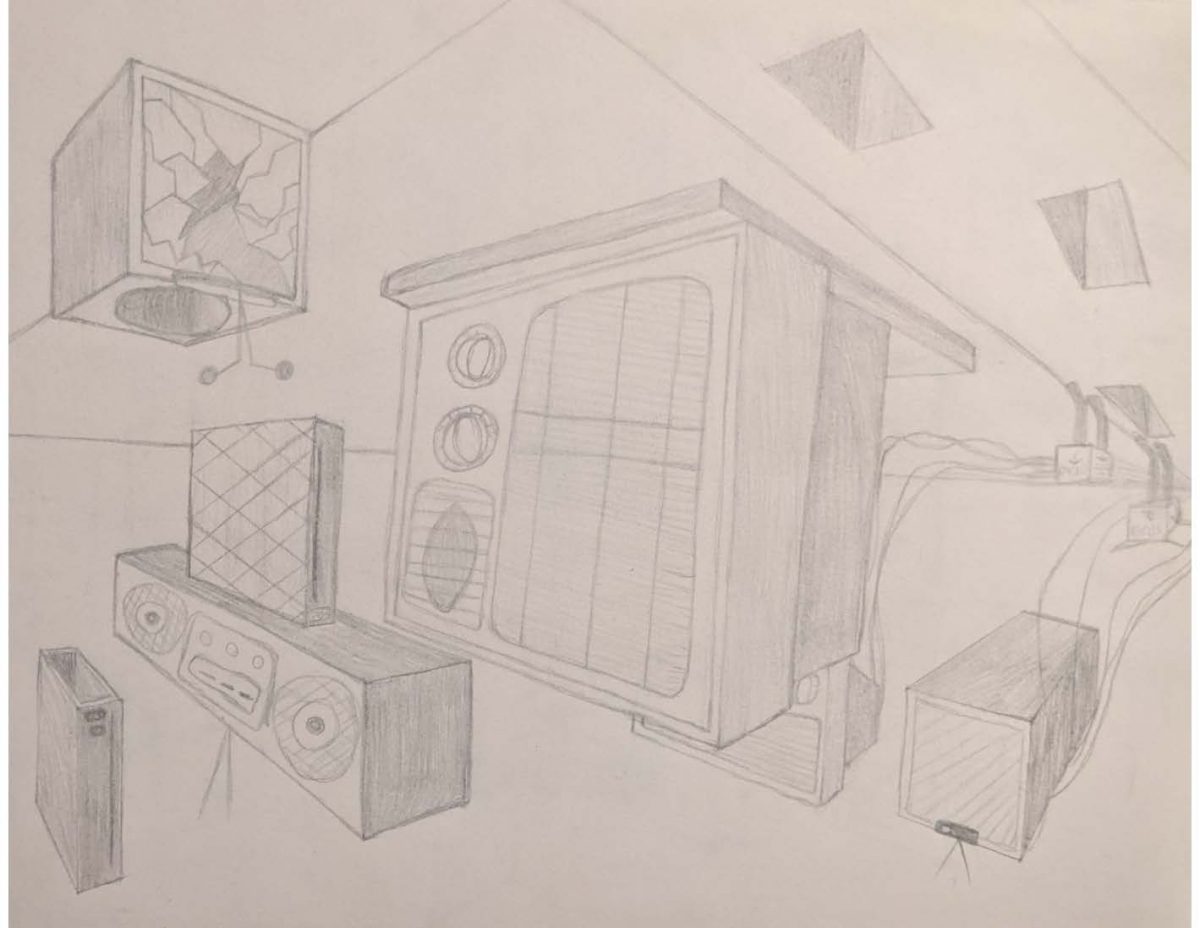 A pencil drawing in two point perspective of different objects around a room