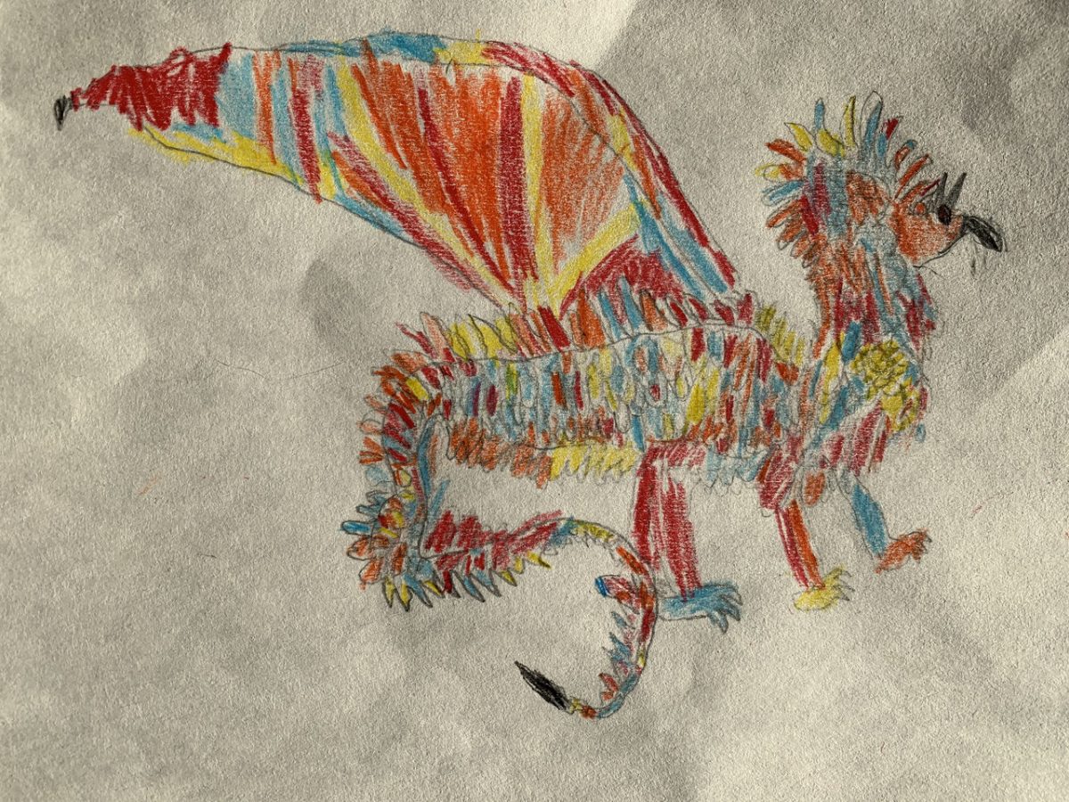 A yellow, blue, and red dragon with wings