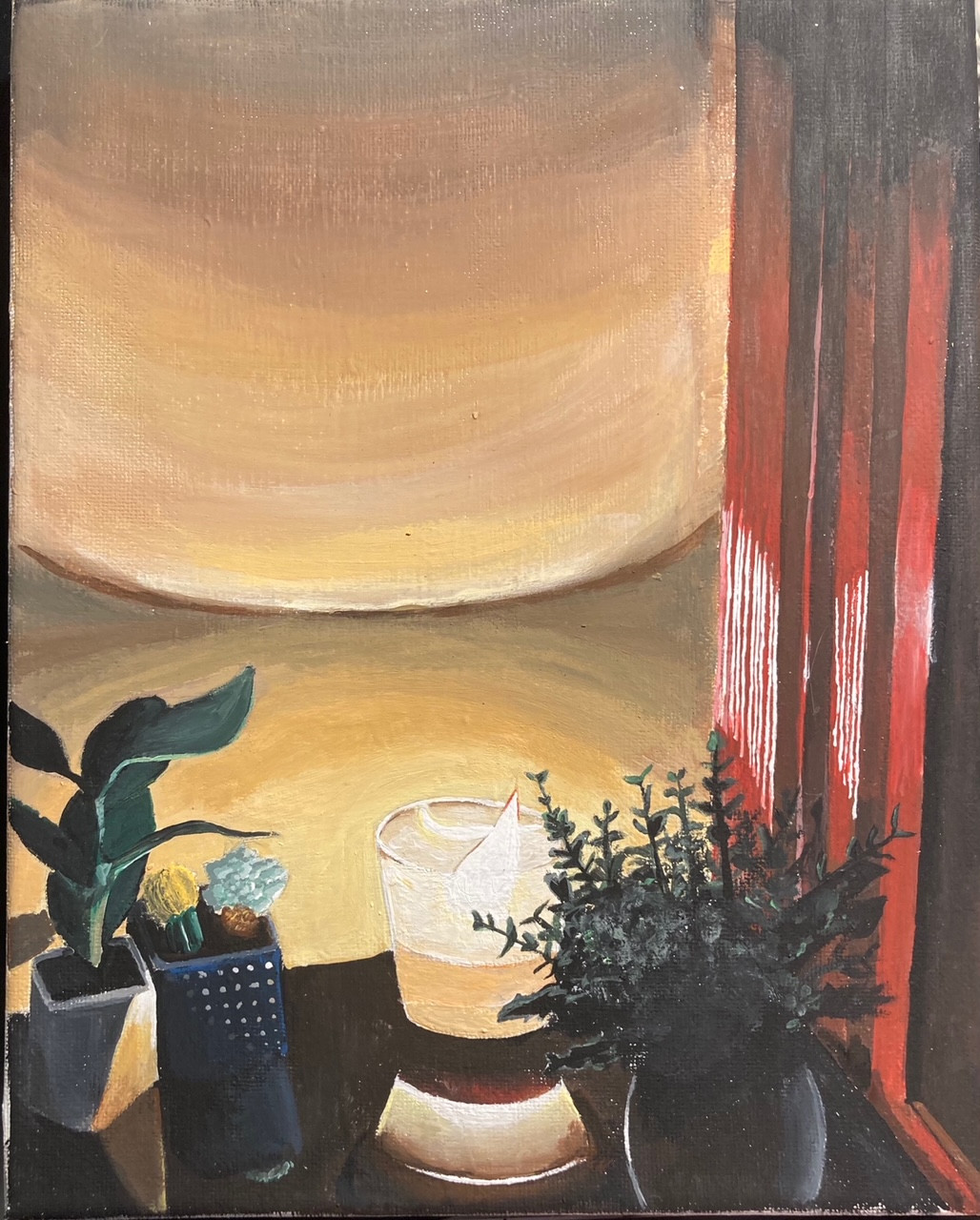 Paint of a desk with plans and curtains