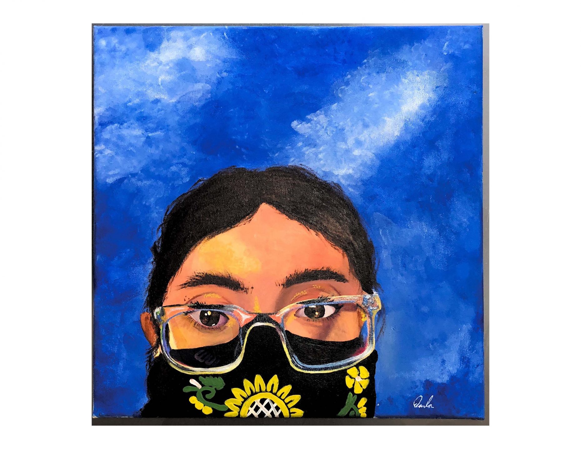 A painting of a girl with glasses wearing a mask and the blue sky behind her
