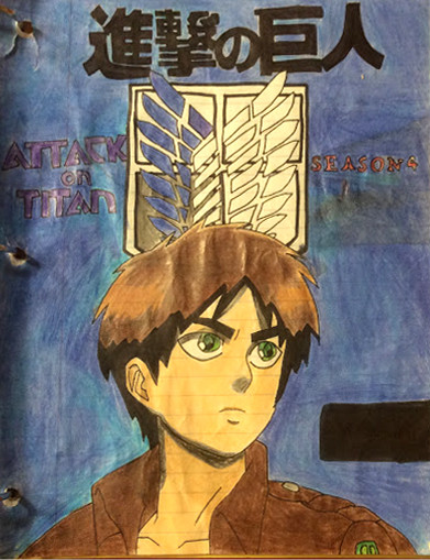 A colorful drawing in anime style of a boy with short brown hair