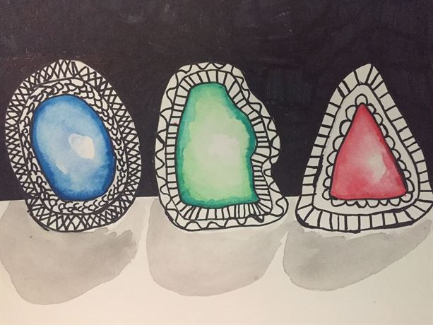 Three abstract shapes: blue, green, and red