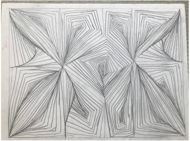 Pencil drawing of squares with spiral lines in them