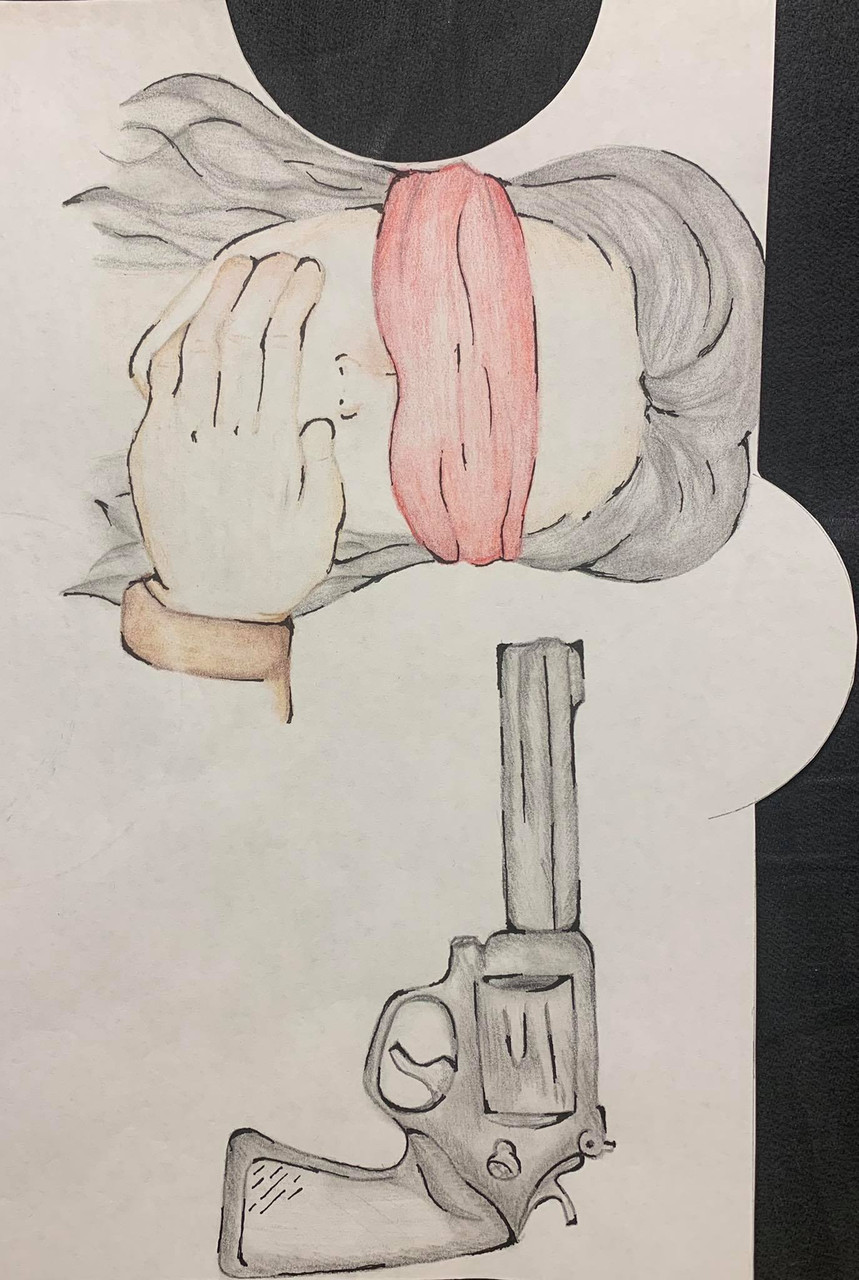 Drawing of a blindfolded person with a gun to their head