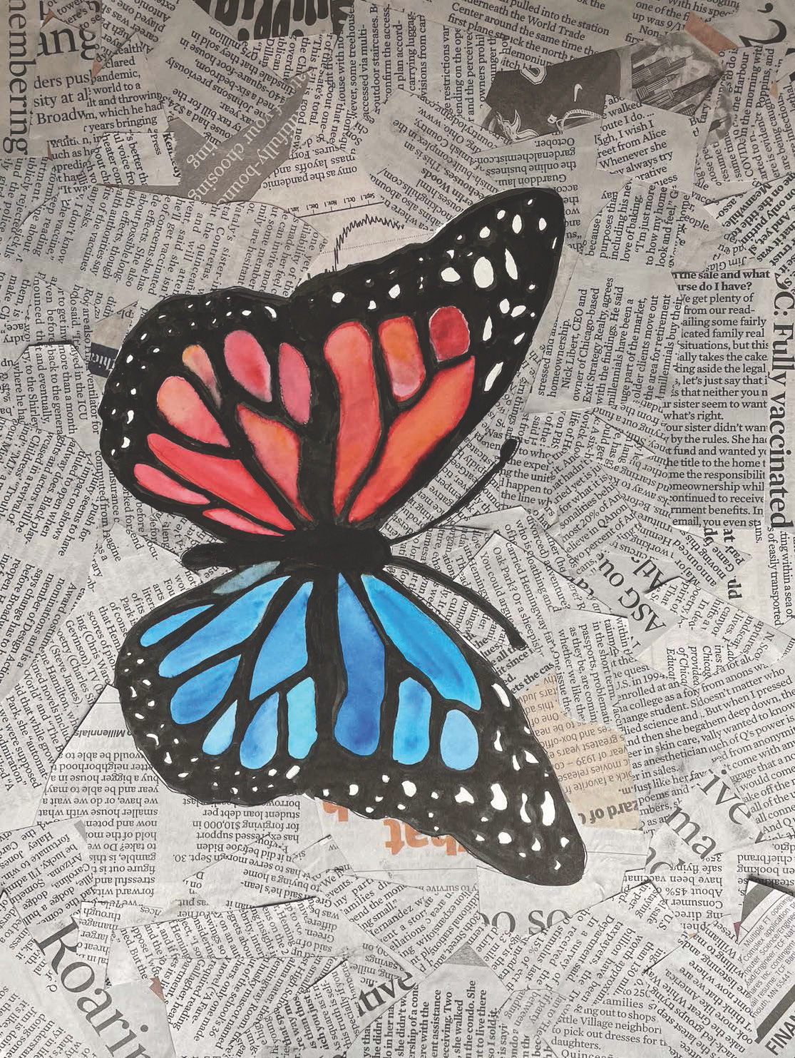 Red and blue butterfly painting on newspaper