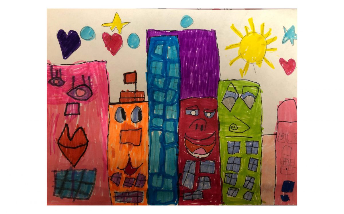 Drawing of buildings and hearts