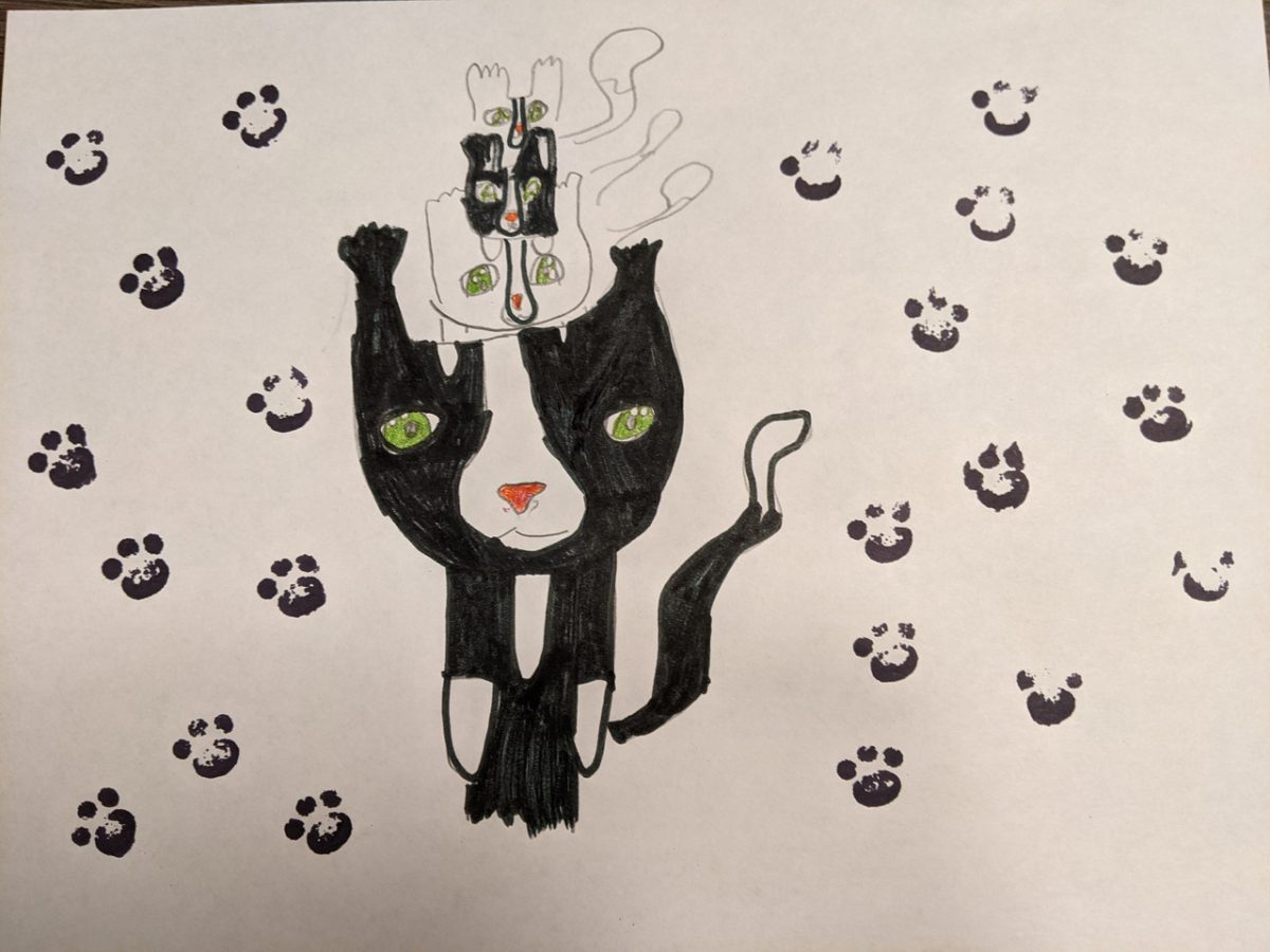A drawing of a black and white cat with smaller cats on top of its head and paw prints all around.