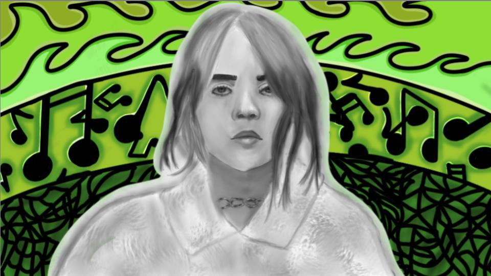 Digital drawing of a grayscale girl with bright green patterned background