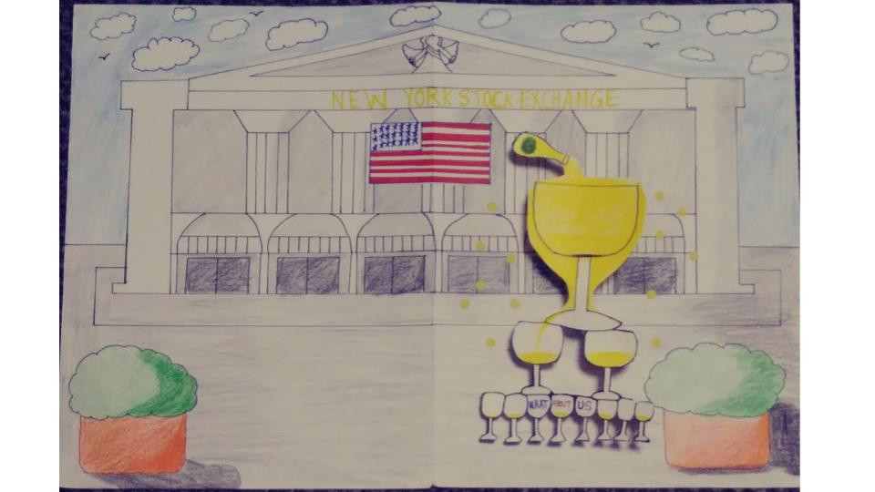 Drawing of glasses stacked in front of a building with an American flag on it