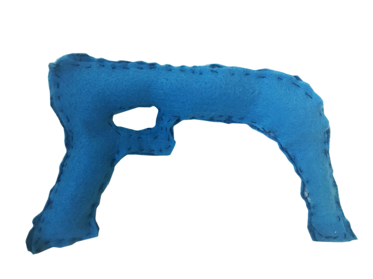 A blue abstract form made from fabric and stuffing