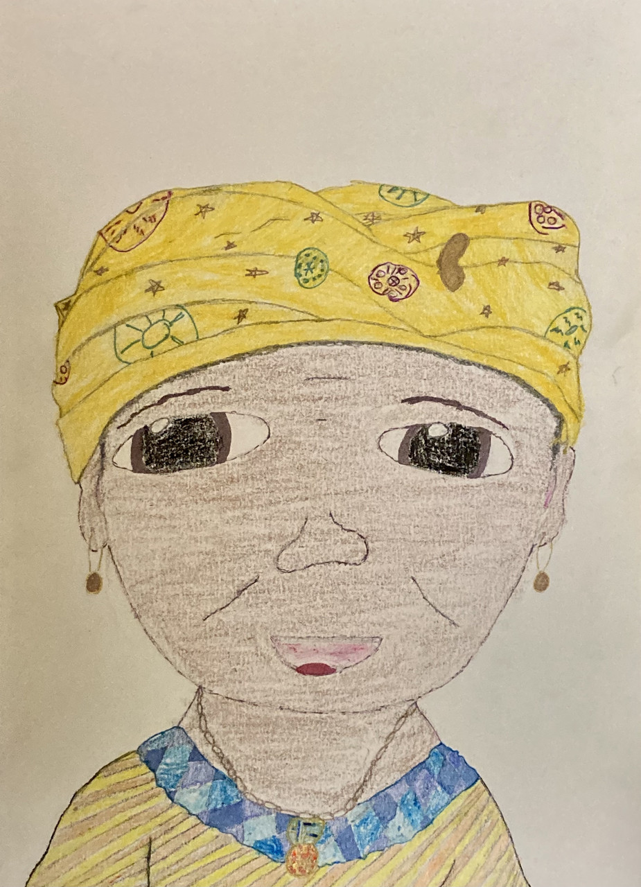 A drawing of a woman with a yellow head wrap